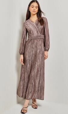 Misook Bishop Sleeve Jacquard Knit Maxi Dress V-Neck Balloon Long Sleeve Midi